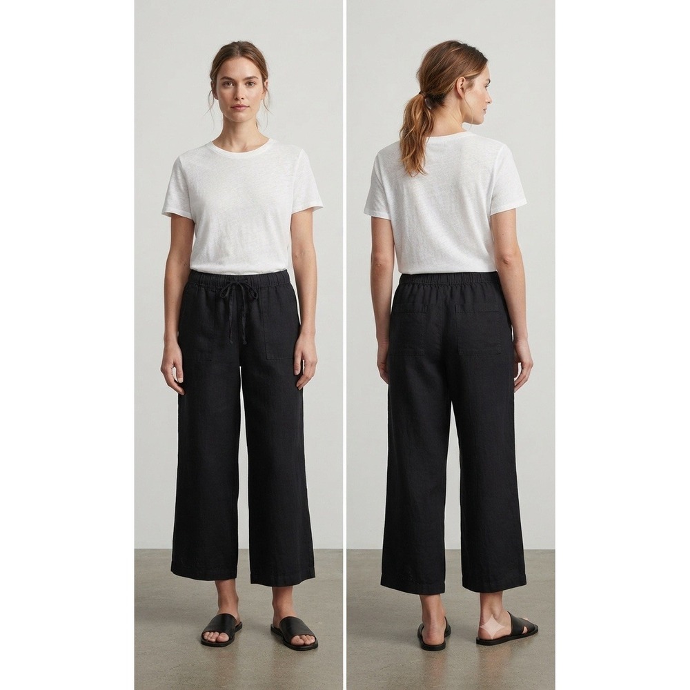 Women's Gap Linen Blend Wide Leg Cropped Trousers, Black, Pull-On Style M